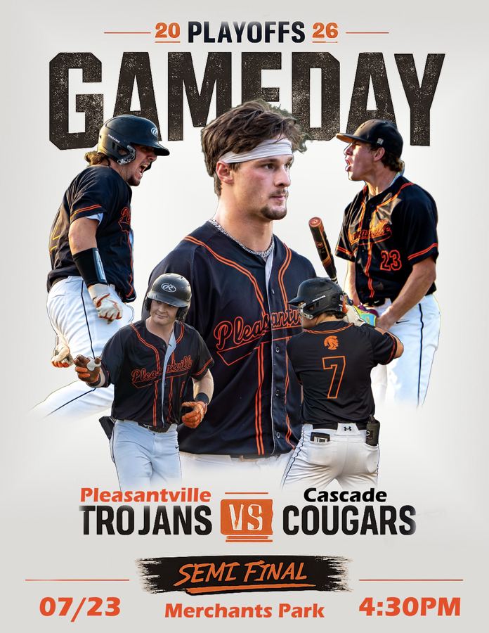 Playoff game-day poster for Pleasantville Trojans vs Cascade Cougars