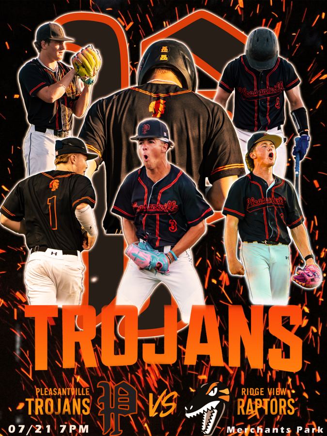 Trojans vs Ridge View game-day poster with sparks
