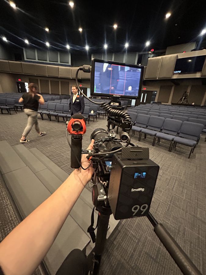 Ashton's video rig with monitor, mic and V-mount battery